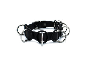Black Leather Collar With 7 Metal Rings | Cool & Adjustable