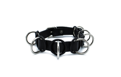 Black Leather Collar With 7 Metal Rings | Cool & Adjustable