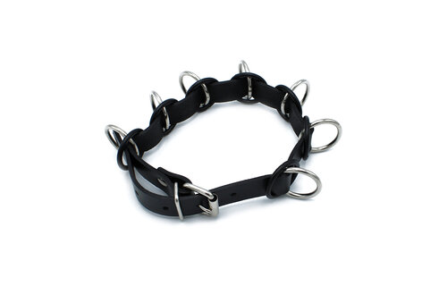 Black Leather Collar With 7 Metal Rings | Cool & Adjustable