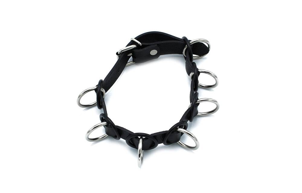 Black Leather Collar With 7 Metal Rings | Cool & Adjustable