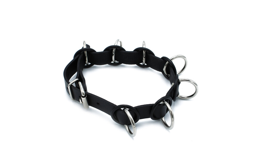 Black Leather Collar With 7 Metal Rings | Cool & Adjustable