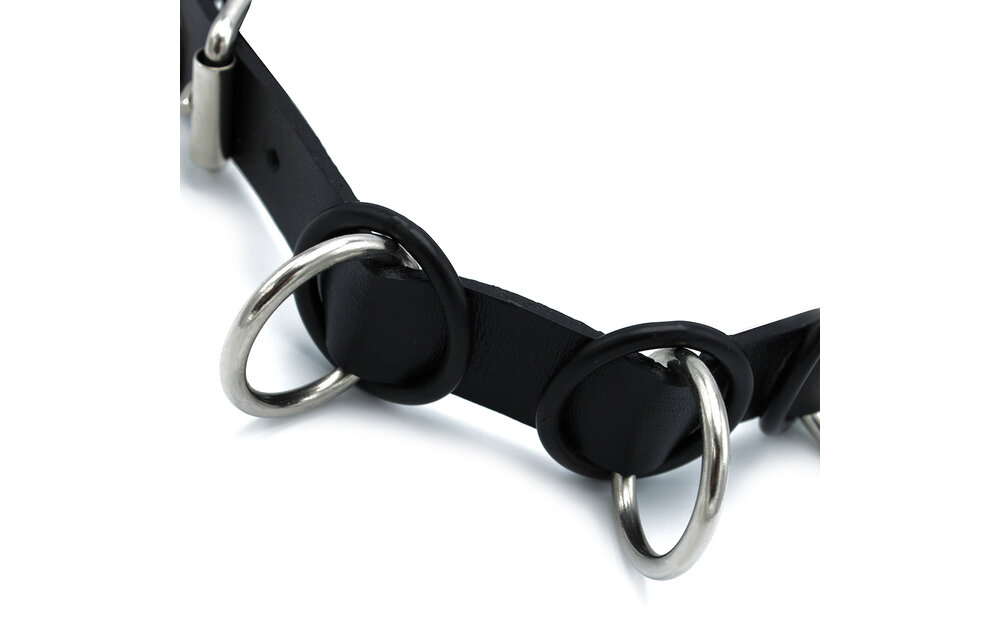 Black Leather Collar With 7 Metal Rings | Cool & Adjustable