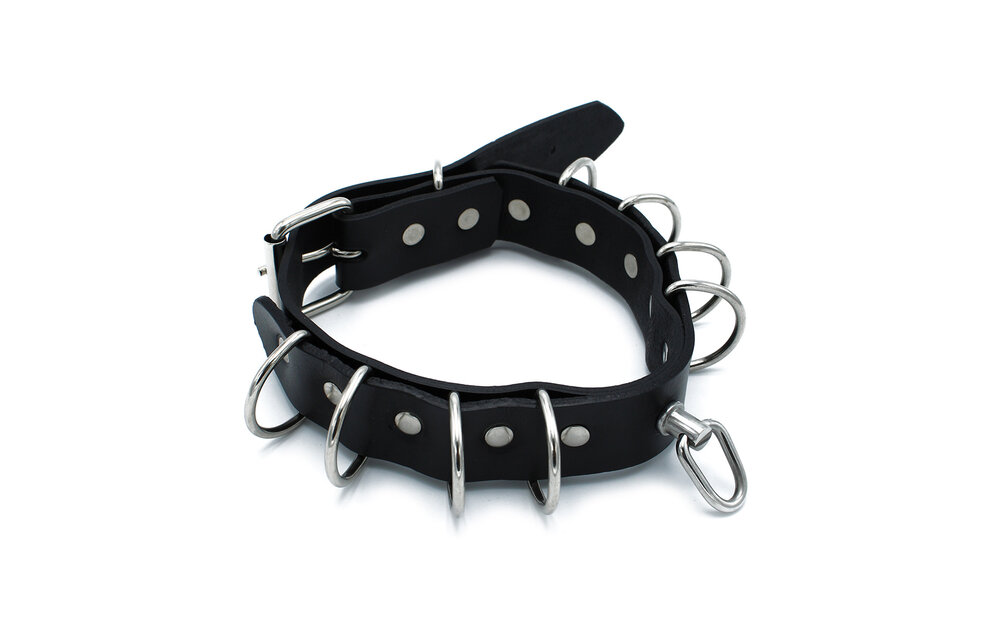 Black Leather Collar with D-Rings – Stylish & Durable