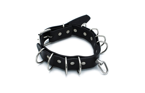 Black Leather Collar with D-Rings – Stylish & Durable