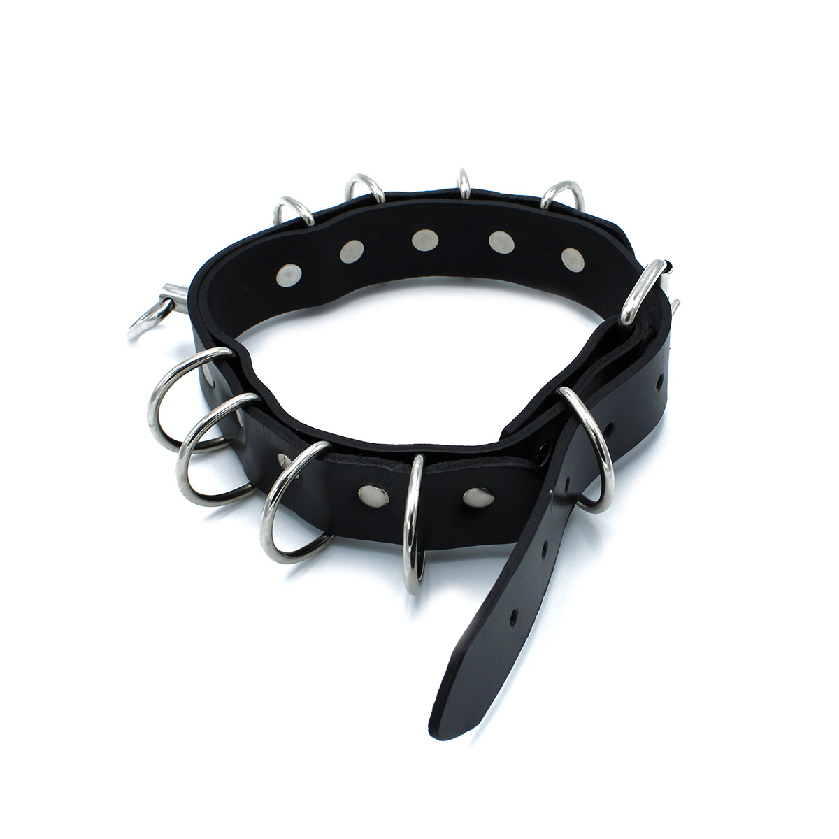 Black Leather Collar with D-Rings – Stylish & Durable