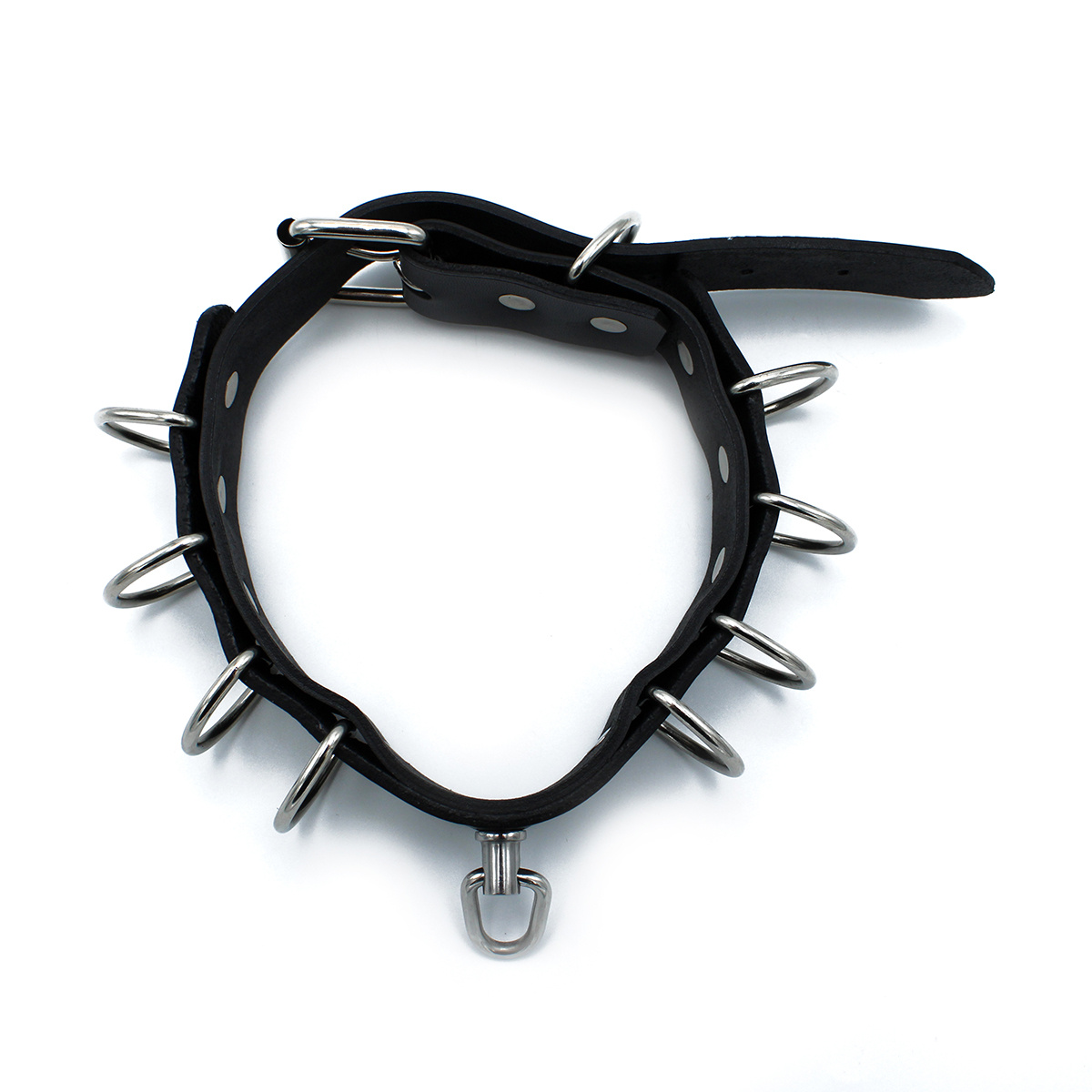 Black Leather Collar with D-Rings – Stylish & Durable