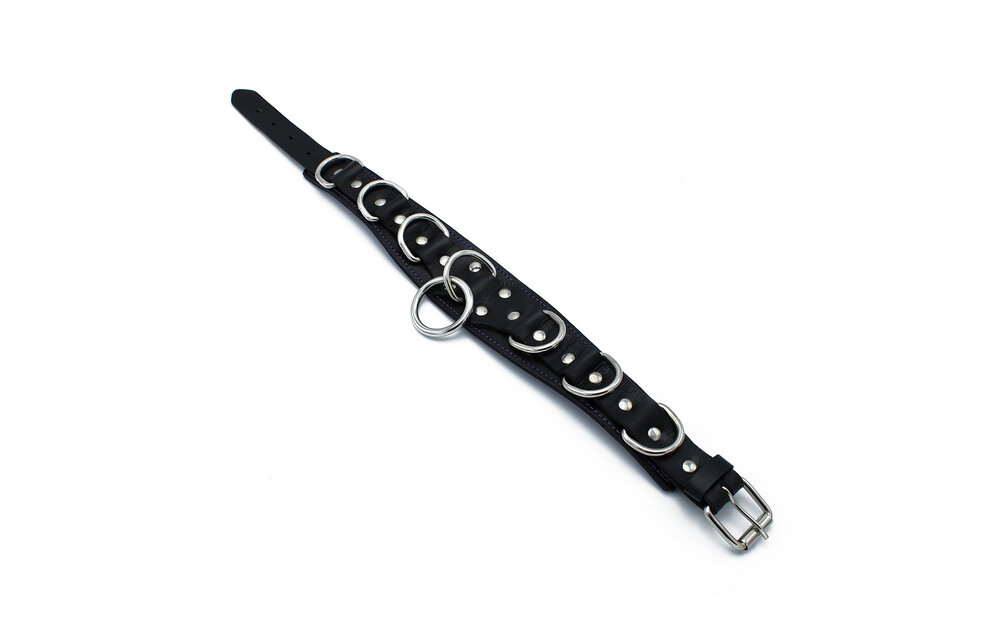 Zwarte Leren Deluxe Halsband 56 Cm Met O- & D-Ringen