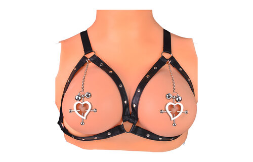 Heart-Shaped Nipple Clamps & PU Leather Harness with Bells
