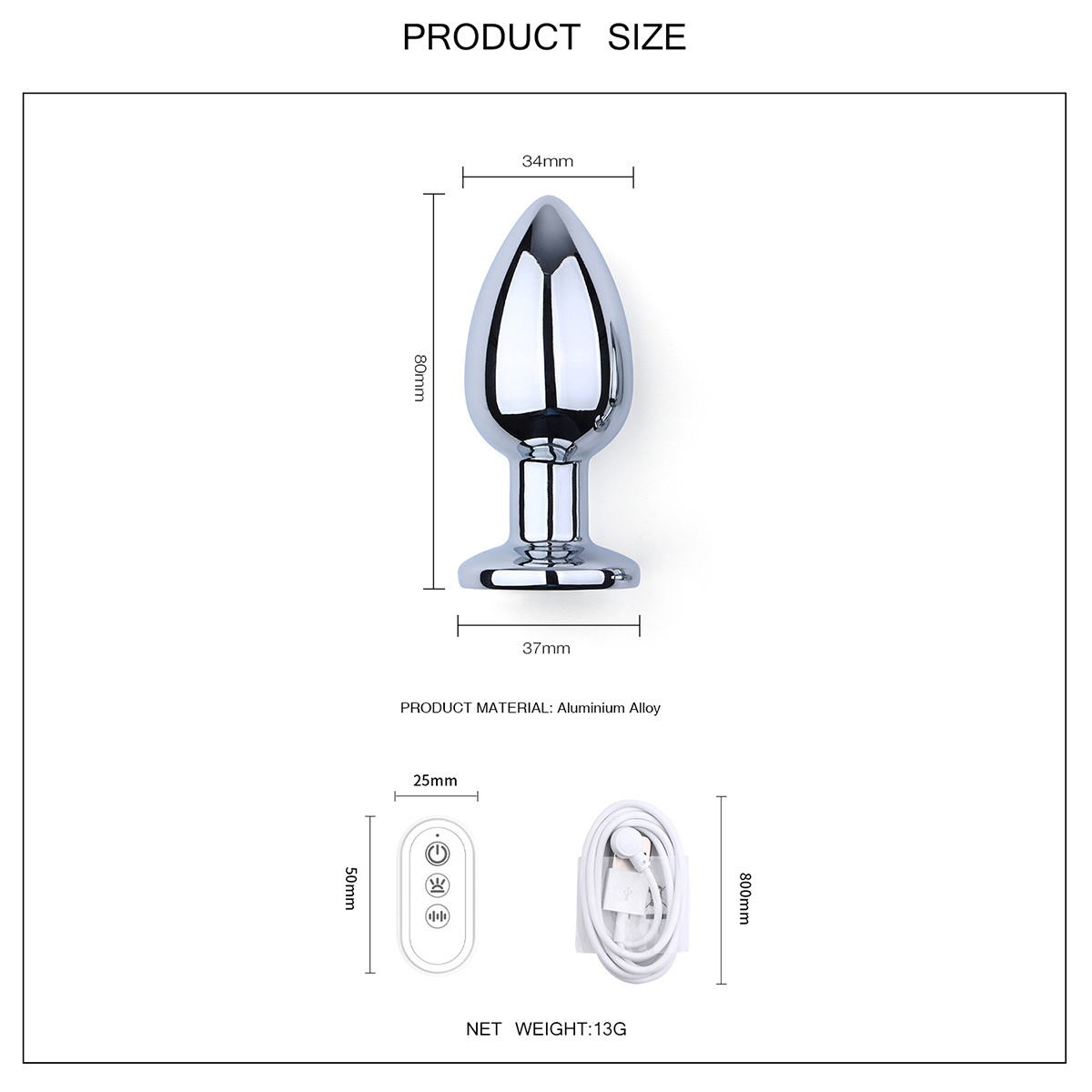 Vibrerende Aluminium Buttplug Medium 8 cm met LED - Kiotos Steel