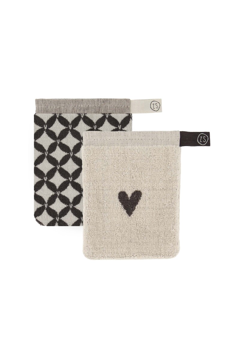 Zusss Zusss | Set van 2 washandjes hartje/patroon antracietgrijs/zand