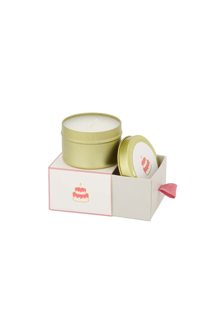 Zusss Zusss | Geurkaars tinnen in schuifdoosje gefeliciteerd taart wit/roze