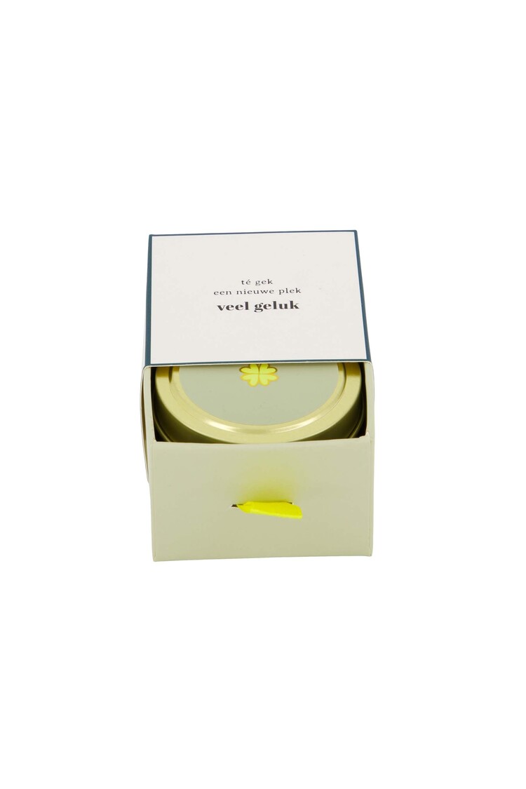 Zusss Zusss | Geurkaars tinnen in schuifdoosje veel geluk klavertje wit/groen