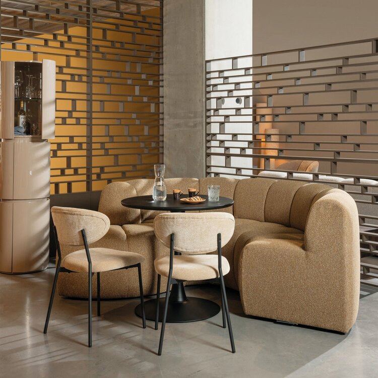 WOOOD Woood | Eetbankje Mojo hoek met rugleuning boucle geel/bruin