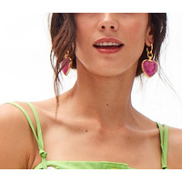 Rainbow Glass effect heart  drop earrings   - magenta