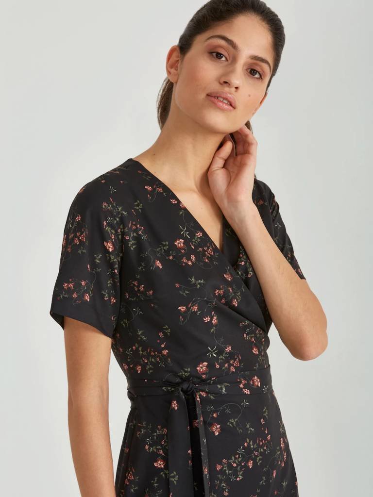 Printed Wrap Dress in Black Floral