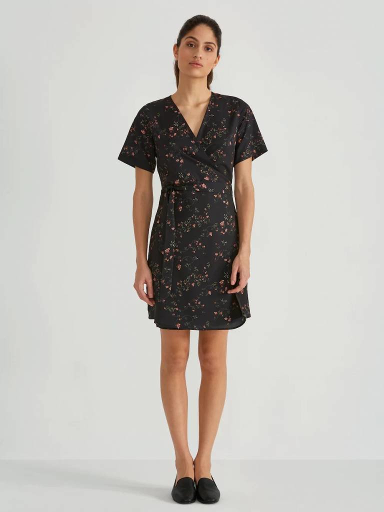 Printed Wrap Dress in Black Floral