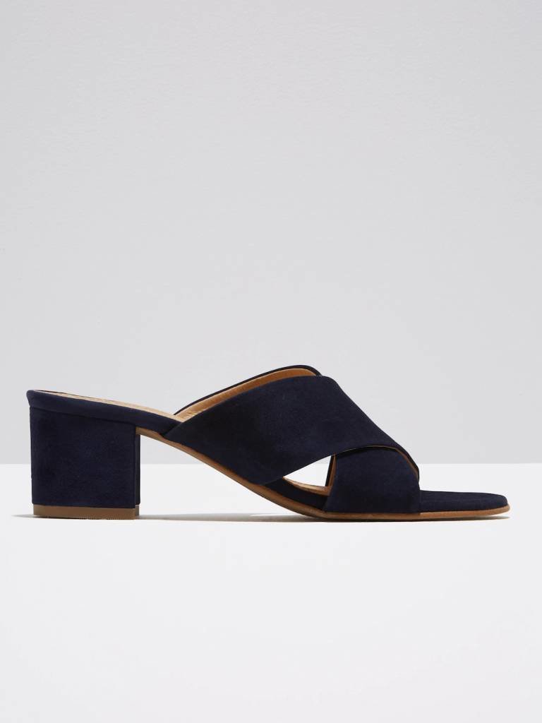 Blocked Heel Cross Strap Mule in Navy Suede