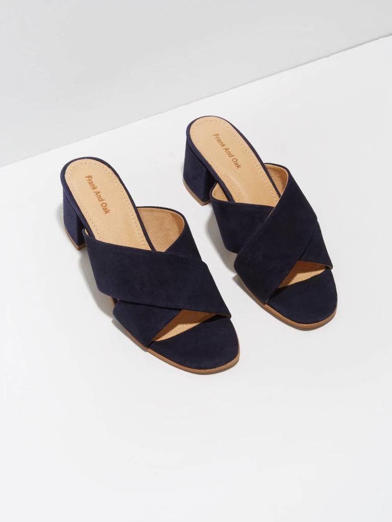 Blocked Heel Cross Strap Mule in Navy Suede