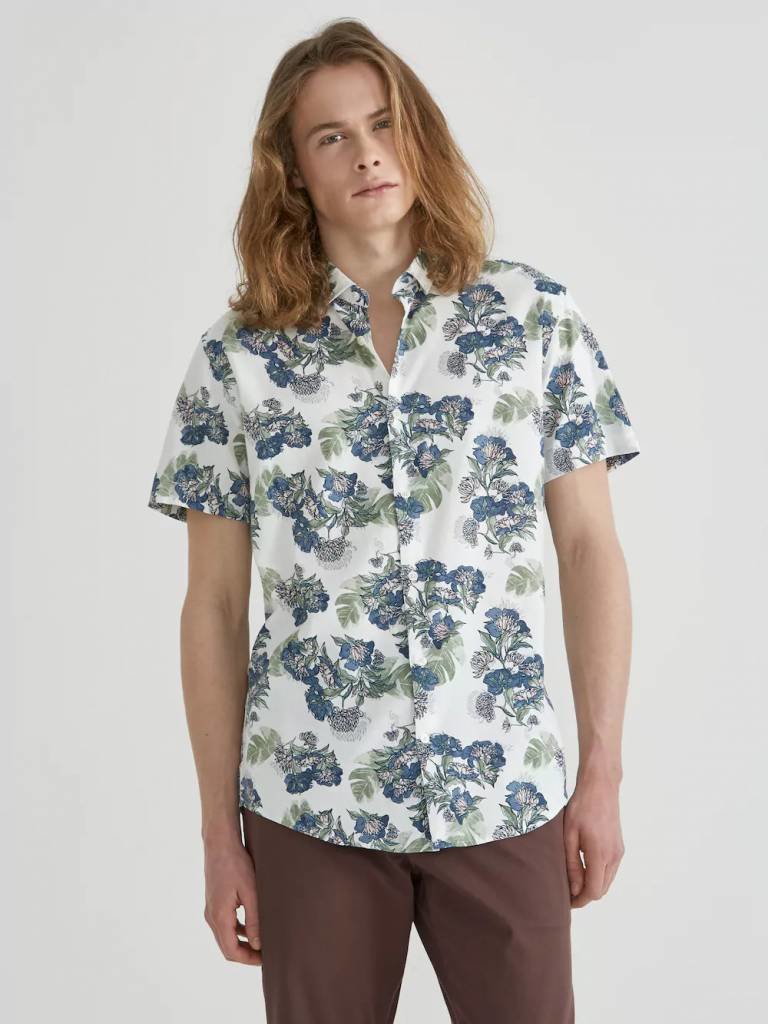 Short Sleeve Supersoft Asian Flower Print Shirt in Bright White