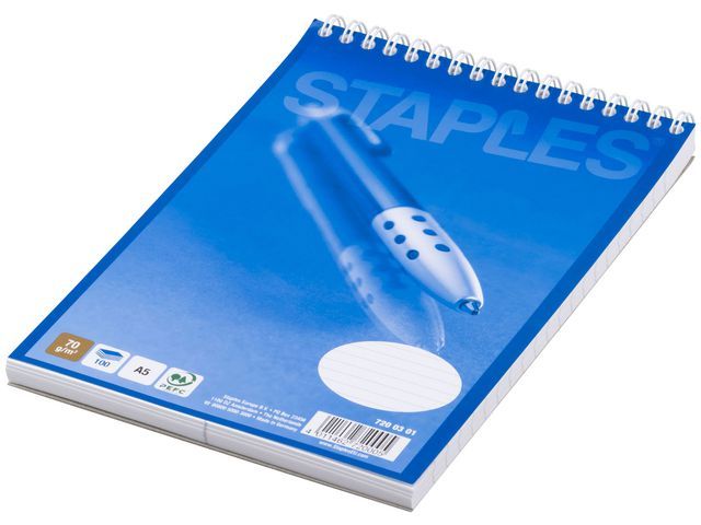 Staples Stenoblok Met Spiraal A5 Gelijnd Pak 5 X 50 Vel staples kopen in de aanbieding