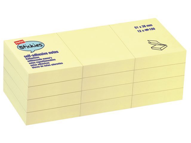 Staples Notitieblok Geel 38 X 51Mm Doos 12 X 100 Vel staples kopen in de aanbieding