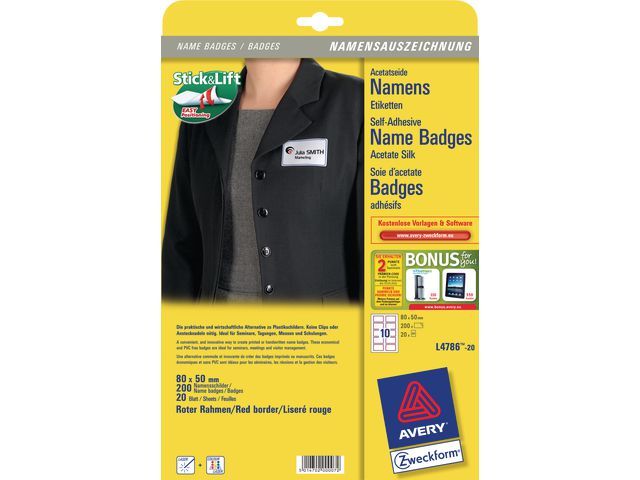 Avery Bedrukbare En Beschrijfbare Naambadge Zelfklevend 50 X 80 Mm Rood Kader L4786 20 Pak 200 Stuks avery kopen in de aanbieding Avery Bedrukbare En Beschrijfbare Naambadge Zelfklevend 50 X 80 Mm Rood Kader L4786 20 Pak 200 Stuks avery kopen in de aanbieding