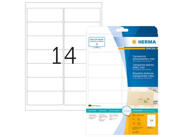 Herma Permanent Polyester Adresetiket 991 X 381 Mm 25 Vellen 14 Etiketten Per A4 Vel Transparant Pak 350 Stuks herma kopen in de aanbieding Herma Permanent Polyester Adresetiket 991 X 381 Mm 25 Vellen 14 Etiketten Per A4 Vel Transparant Pak 350 Stuks herma kopen in de aanbieding
