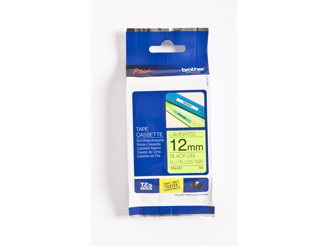 Ptouch P Touch Tz Labeltape Zwart Op Fluorgeel Tz C31 12 Mm ptouch kopen in de aanbieding
