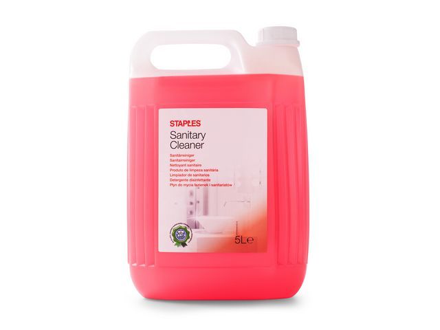 Staples Reiniger Voor Toilet En Badkamer Bloemengeur 5 L Rood Fles 5 Liter staples kopen in de aanbieding