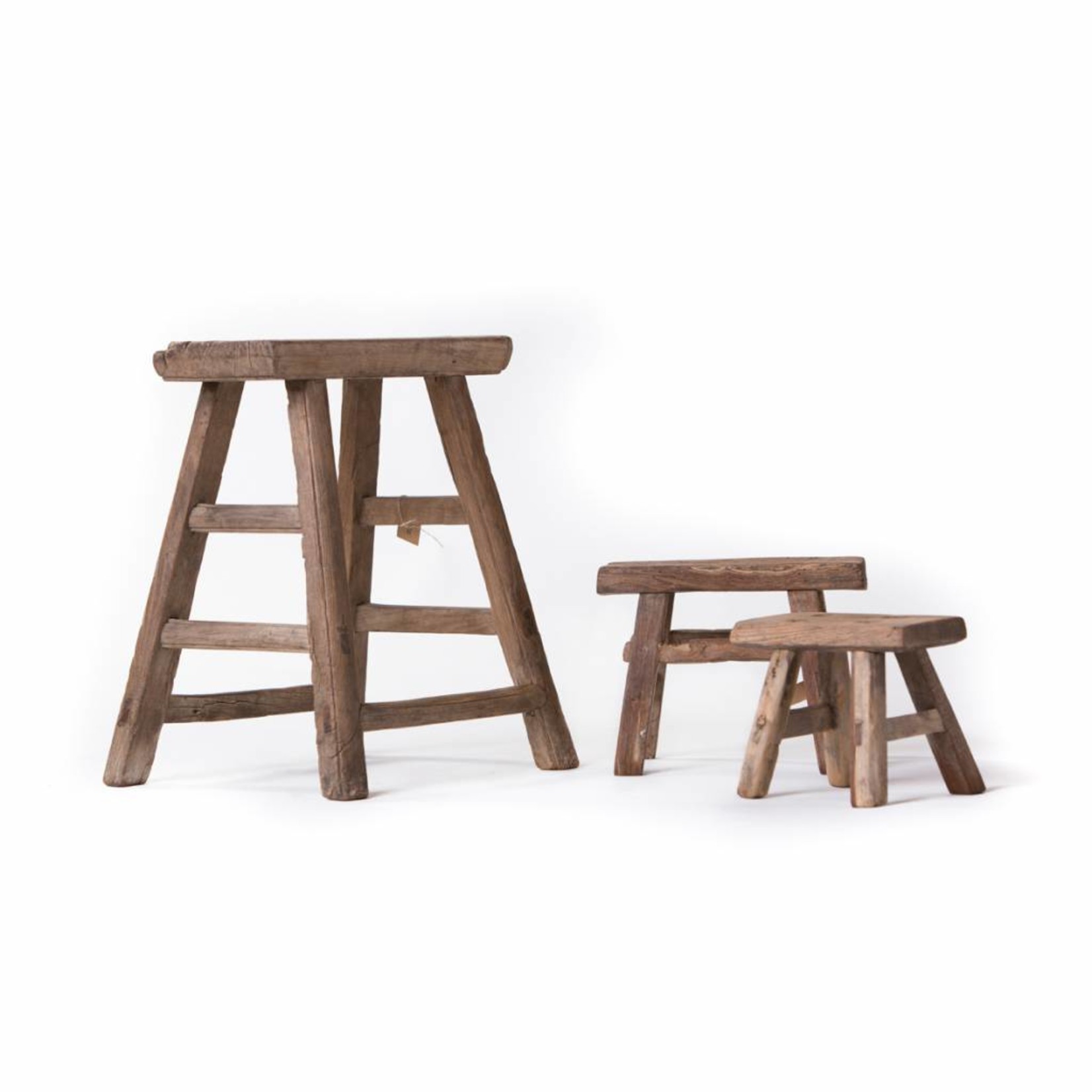 Beautiful set of old wooden stool and small workman's stool(s).