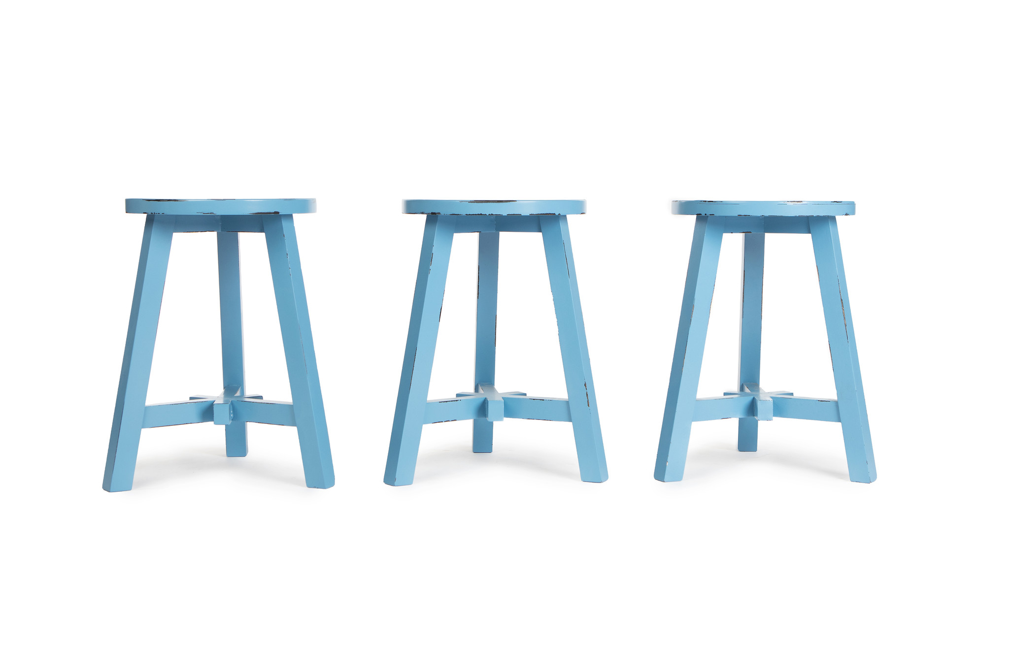 Blue round wooden stool Authentic old wooden stools en benches.