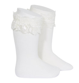 CONDOR Cream Lace trim socks with bow