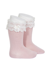 CONDOR Pale Pink Lace Trim Socks with Bow