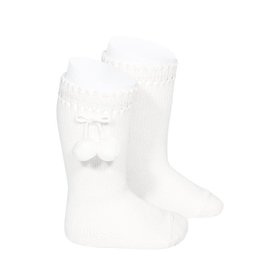 CONDOR White Perle Knee High Socks with PomPoms