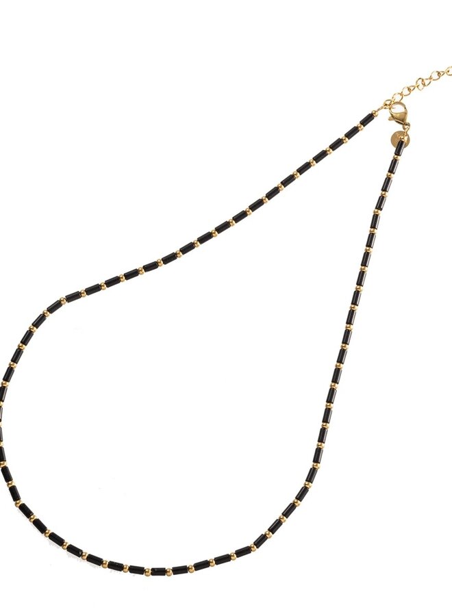 Long Bead Necklace - 14K + black