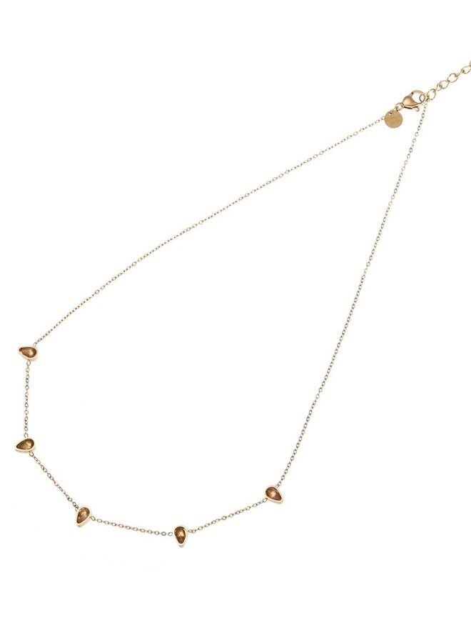 3 Crystal Drops Necklace - 14K + brown