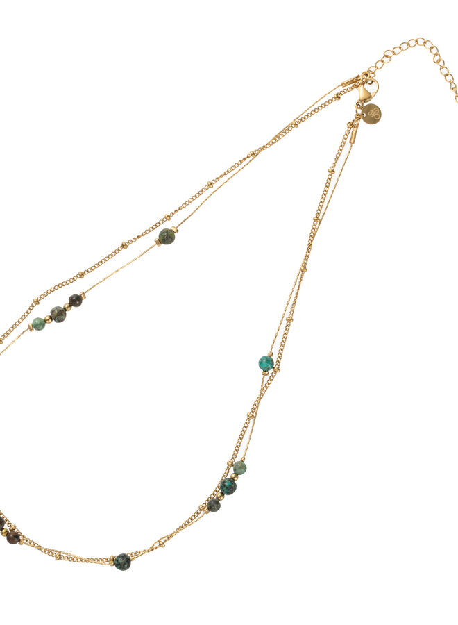 Double Stones Necklace - 14K + dark green