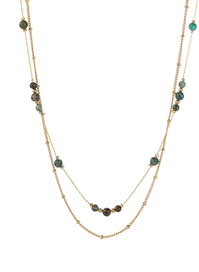 Double Stones Necklace - 14K + dark green