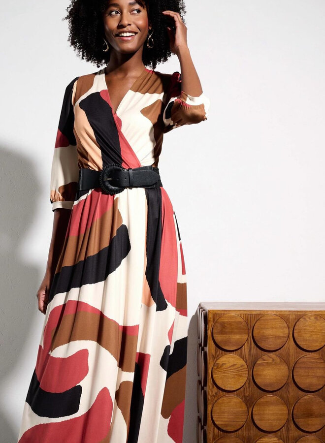 Midi dress with V neck, pleat & design - P768