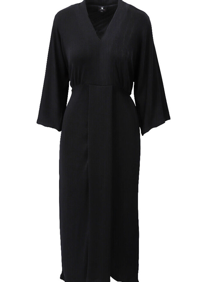 Midi V-neck dress with pleat - Black