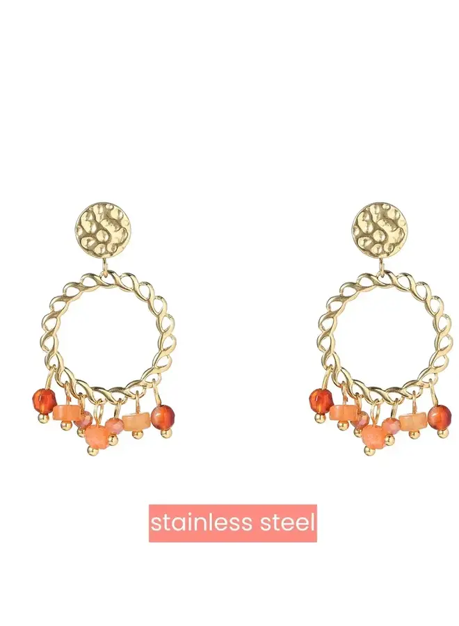 Beads Fringe Earring - 14K + Coral