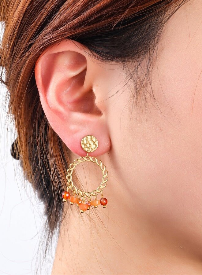 Beads Fringe Earring - 14K + Coral
