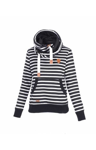 Becool Be cool dames trui met capuchon zwart wit gestreept Becool Be cool dames trui met capuchon zwart wit gestreept