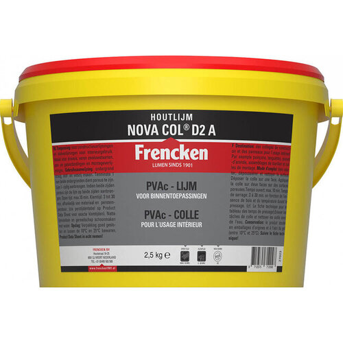 Frencken Houtlijm Nova Col D2 A 250 g / 750 g / 2,5 kg / 10 kg / 25 kg Frencken Frencken Houtlijm Nova Col D2 A 250 g / 750 g / 2,5 kg / 10 kg / 25 kg