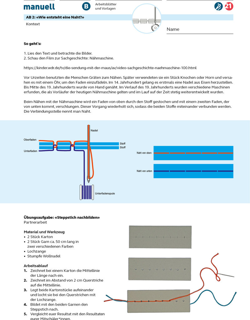 manuell Unterrichtsmaterial TTG-Grundlagen, Einführung ins Nähmaschinennähen Zyklus 2 als digitales Produkt