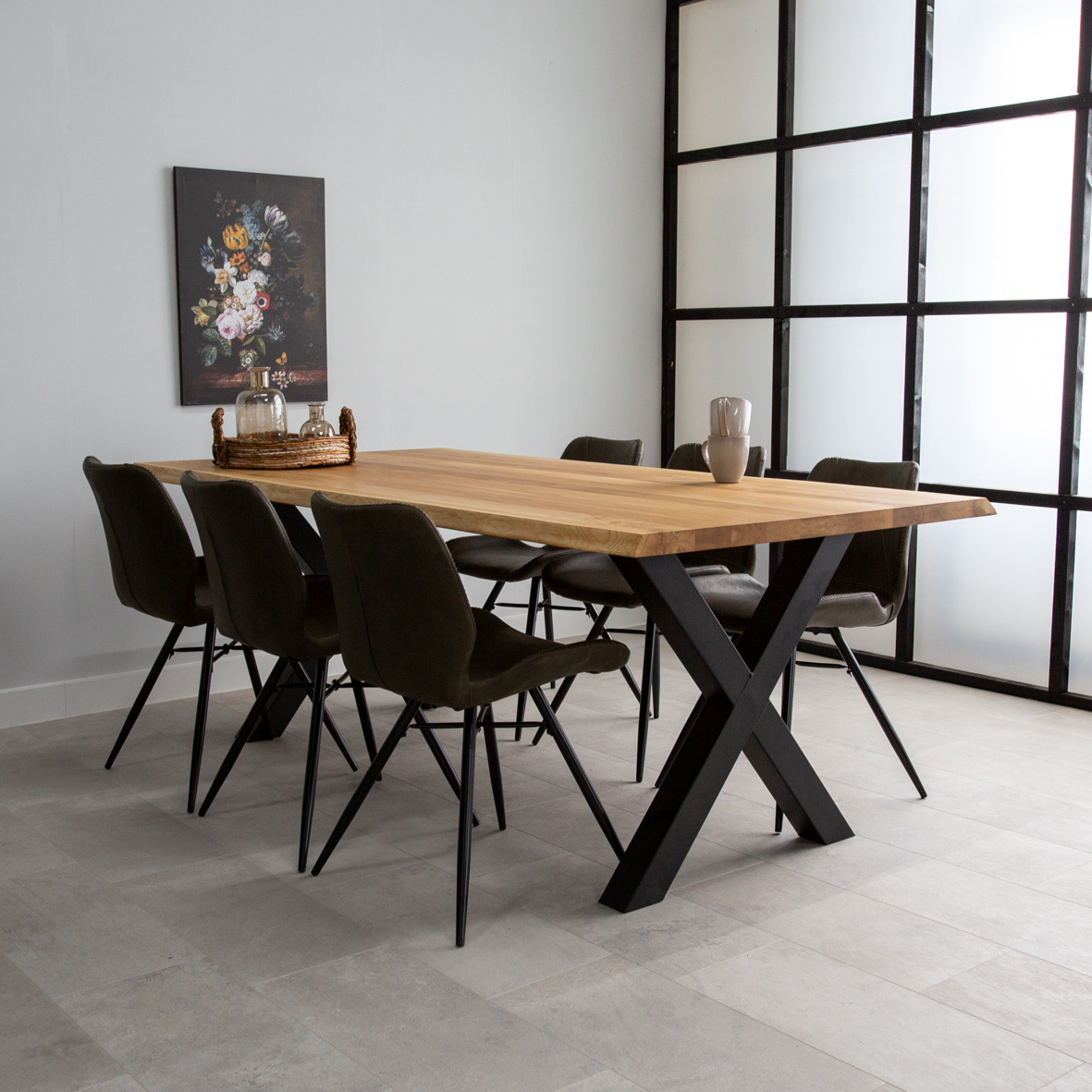 Voortdurende Barcelona hooi Industriële eettafel eikenhout boomstam X-poot Siberië 180x90 - DIMEHOUSE