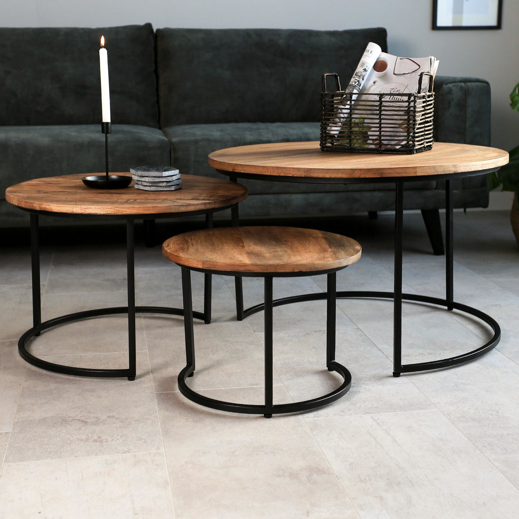 Salontafel Rond Industrieel Ivy Hout Set van 3 ABSURD LAGE PRIJS