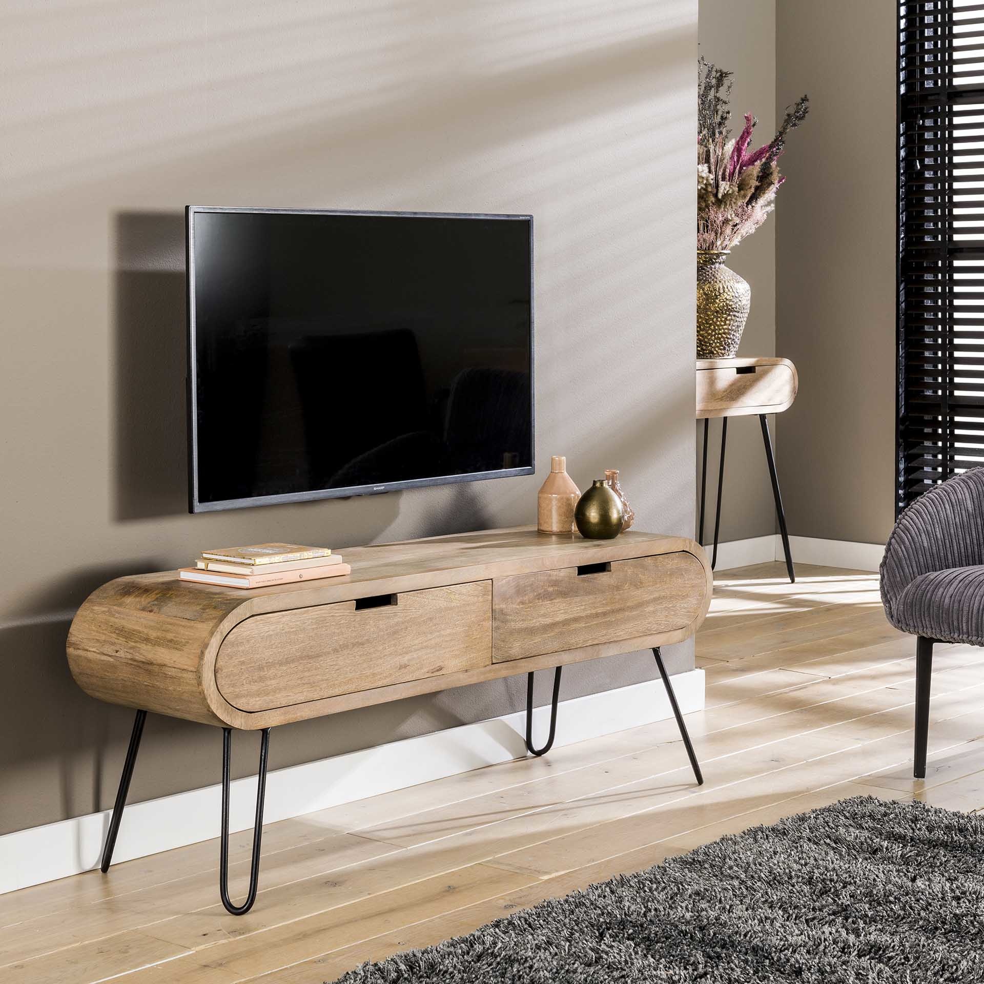 Industrieel TV-meubel Jasmine mangohout 2 lades verzending - DIMEHOUSE
