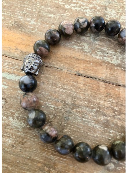 Labradorit - 8 mm - rund - schwarz/blau/rosa/beige - Buddha