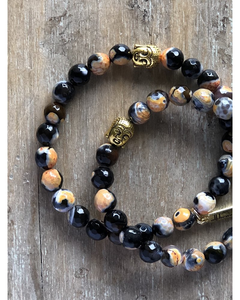 Agate - 8 mm - faceted - black/salmon - Buddha